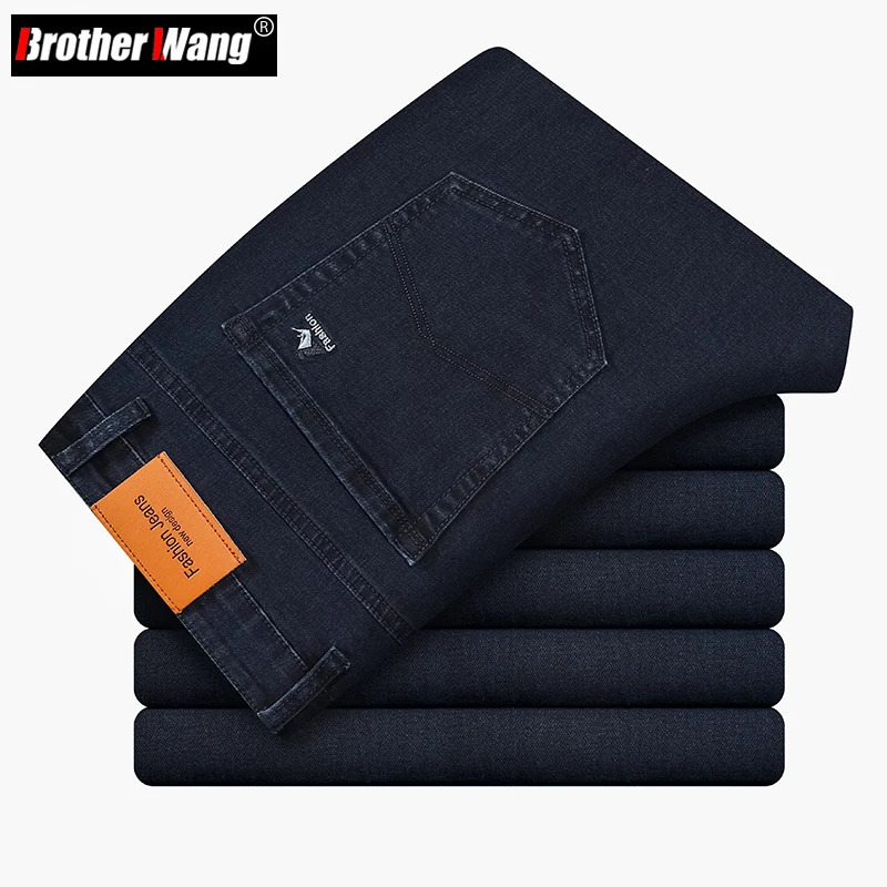 Mens Autumn Winter Thick Jeans Classic Style Stretch Business Loose Straightleg Casual Pants Denim Navy Blue 240921