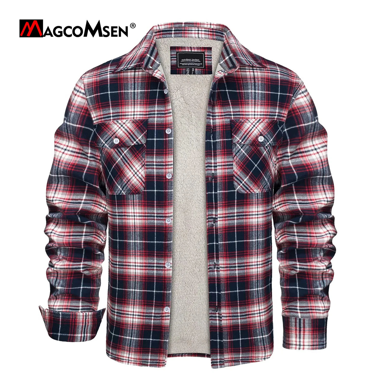 MAGCOMSEN Fleece Plaid Flannel Shirt Jacket Mens Thicken Warm Winter Work Coats Button Up Casual Cotton Jackets Sherpa Outerwear 240930