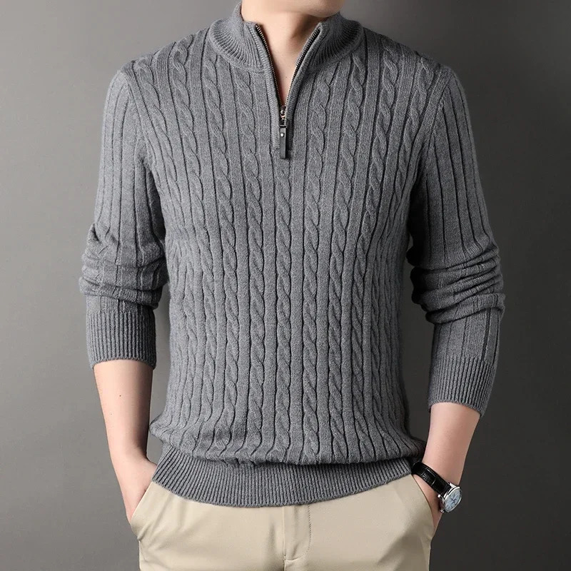 Winter mens quarter zipper sweater ultra-thin fit casual knit turtle neck pullover plain neck polo shirt 240930