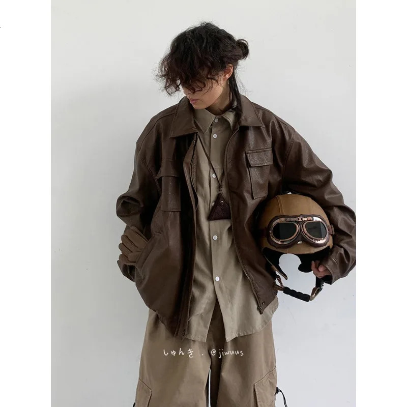 Autumn and winter leather jacket mens Y2K Japanese retro trend set wearing a functional style Rafian handsome loose PU jacket 240929