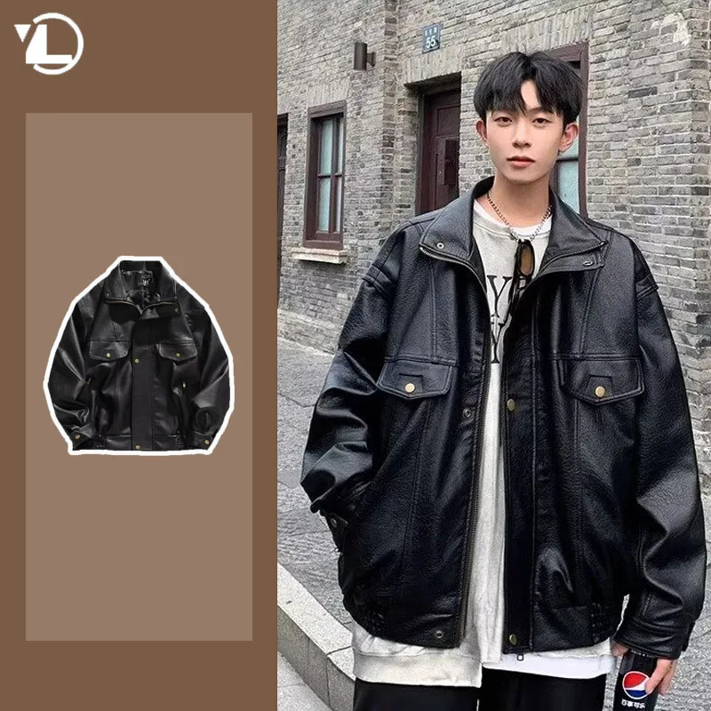 Retro motorcycle soft leather jacket mens Japanese synthetic leather lapel Pu bomber jacket autumn fashion jacket 240929