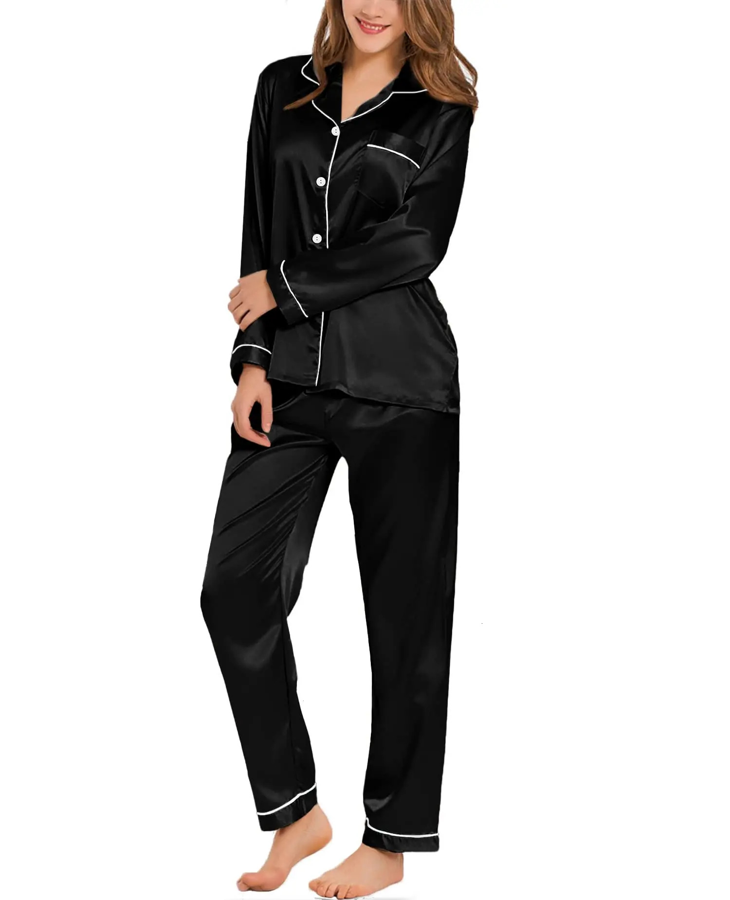 Vêtements de nuit en satin de soie pour femmes, vêtements de nuit deux pièces boutonnés à manches longues, ensemble pyjama 240929