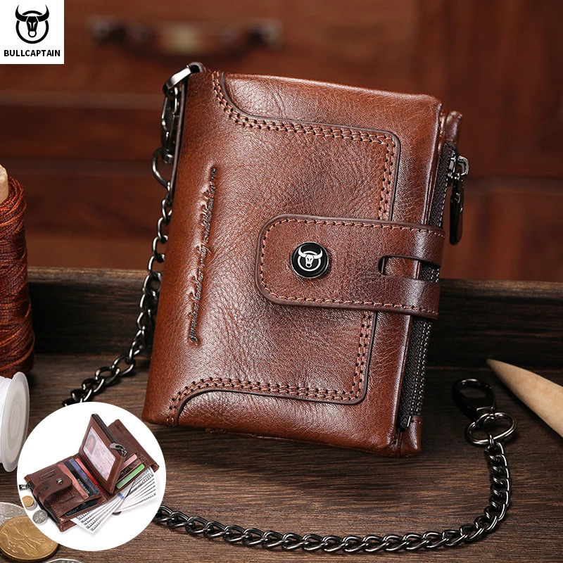 BULLCAPTAIN Mens Genuine Leather Business Retro Snap Wallet Multifunctional RFID Anti-Theft Zipper Multi-Card Coin Purs 0532