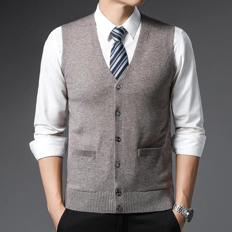 Mens autumn and winter cardigan wool sweater youth casual vest solid color pocket casual sleeveless warm knit top 240930