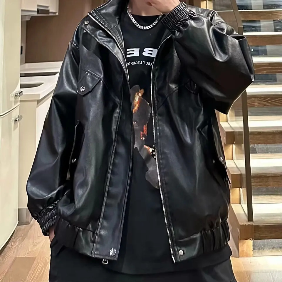 PU leather jacket mens motorcycle clothing smooth and soft texture PU mens autumn military jacket y2k American fashion jacket cool mens 240929