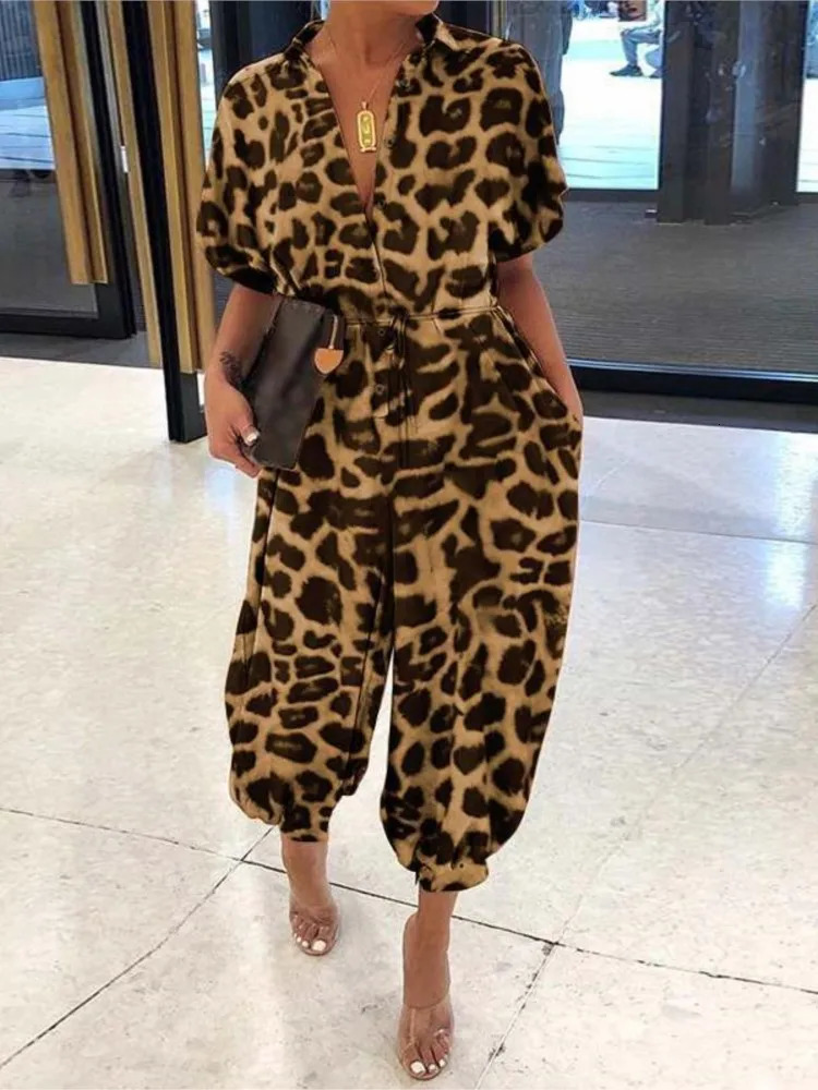 Summer Fashion VNeck Button LaceUp Jumpsuit Short Sleeve Loose Playsuit Overall Elegant Leopard Print Pocket Rompers 240930Z