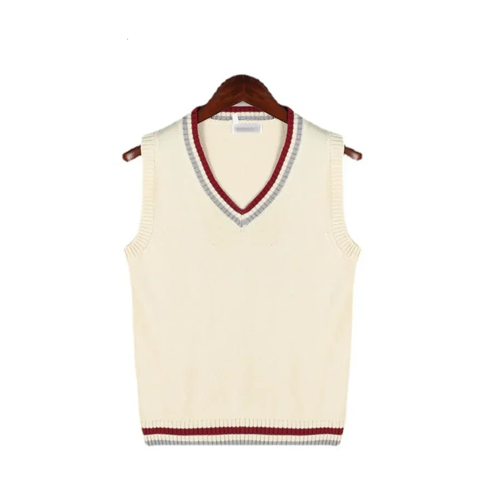 Mens fashion thick V-neck sleeveless vest sweater school uniform knitted top cotton blend beige blue white red gray 240930