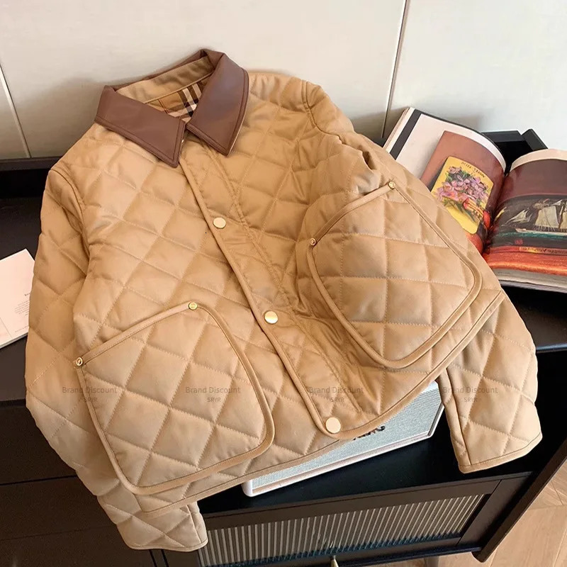 Womens khaki patch work leather lapel diamond checkered cotton jacket womens autumn and winter warm jacket 240929