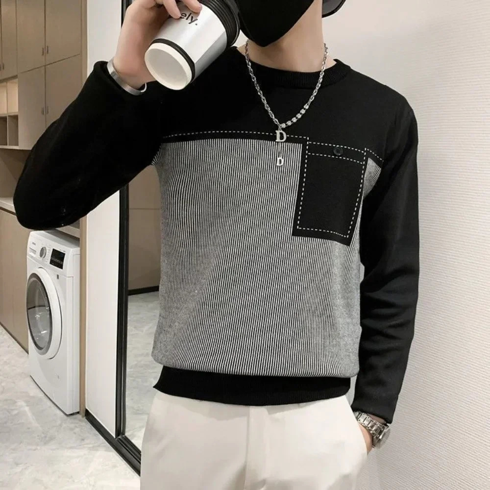 Pull tricoté à manches longues pour hommes à fleurs noires avec poches haut er Harajuku style coréen pull tricoté décontracté Y2k 240930
