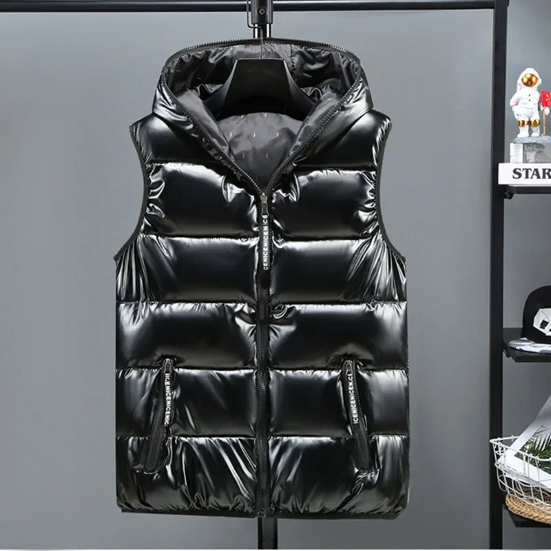 Autumn black silver red gold sleeveless jacket shiny surface ultrathin casual mens short sleeved vest warm 240926