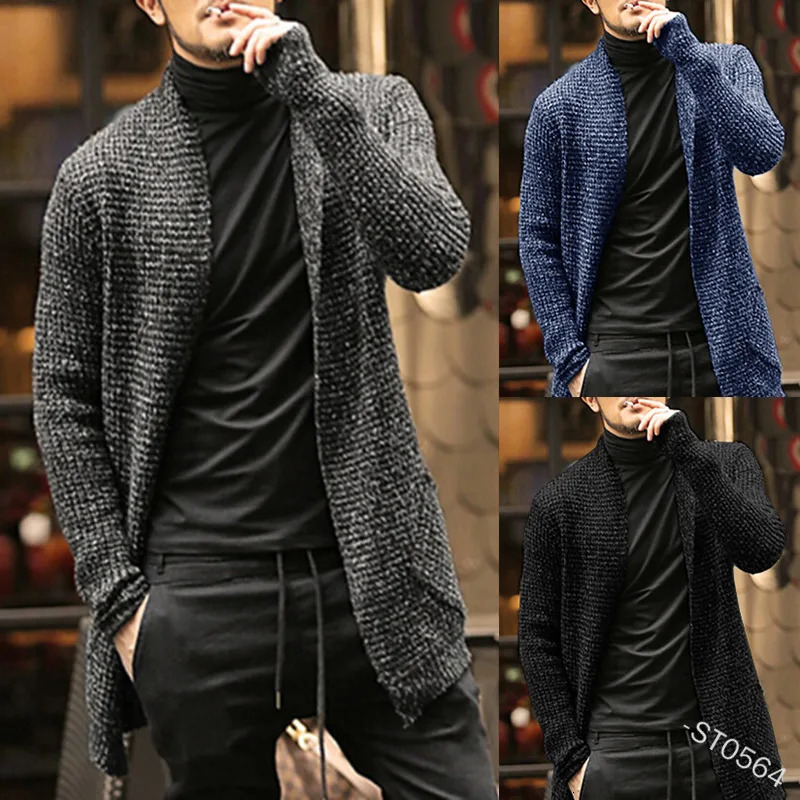 Cardigan de longueur moyenne en laine tricotée solide épais chaud automne d'automne adapté à des pulls pour hommes décontractés et à la mode conf
