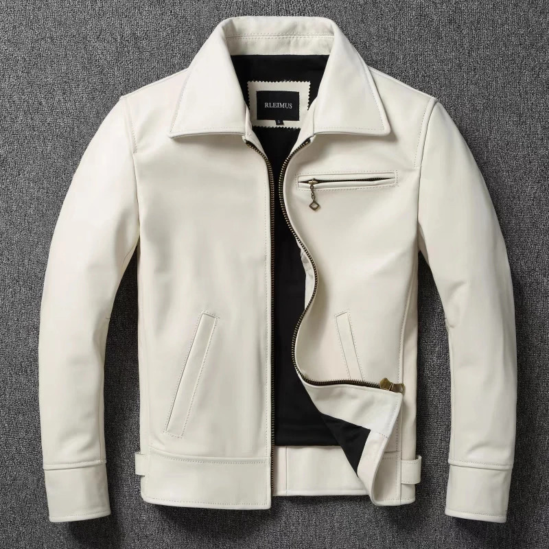 Mens leather jacket white collar Calfskin jacket natural denim jacket ultra-thin jacket top denim bicycle jacket 240929