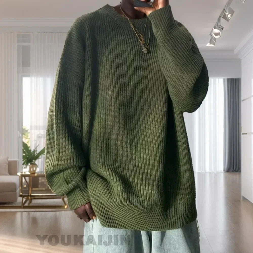Fashionable knitted sweater mens round neck autumn lazy style retro sweater casual mens solid color wool sweater 240930