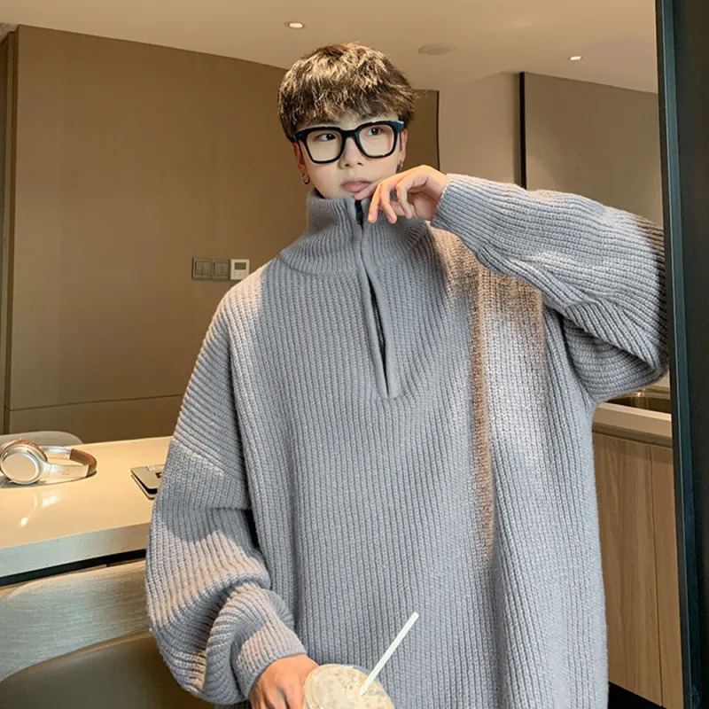 Mens autumn and winter high neck sweater loose and oversized half zipper 240930