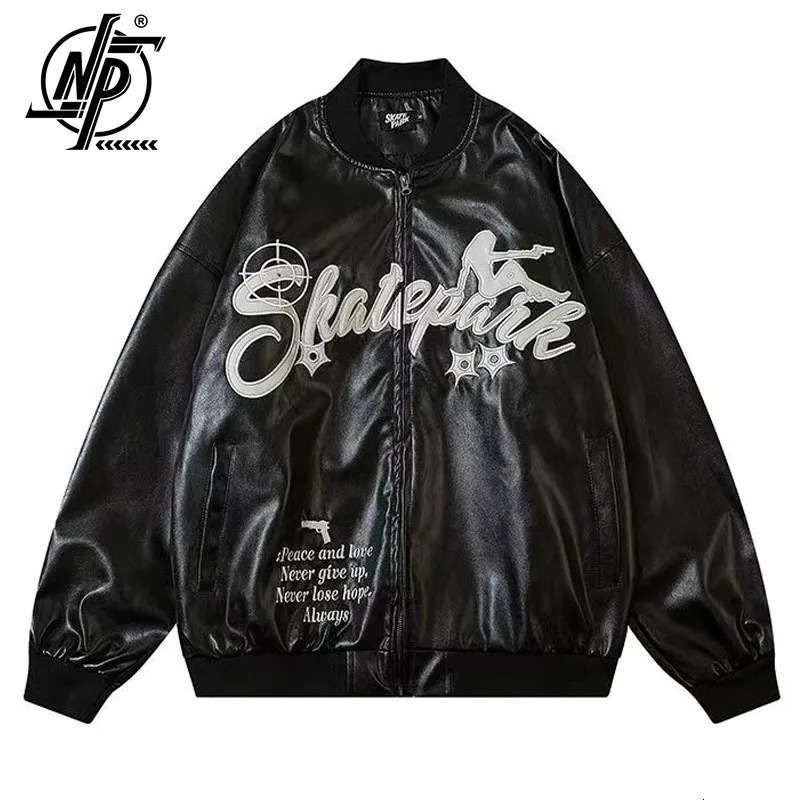 Embroidery leather jacket mens and womens racing high street autumn oversized Y2k PU baseball jacket Harajuku retro jacket couple 240929