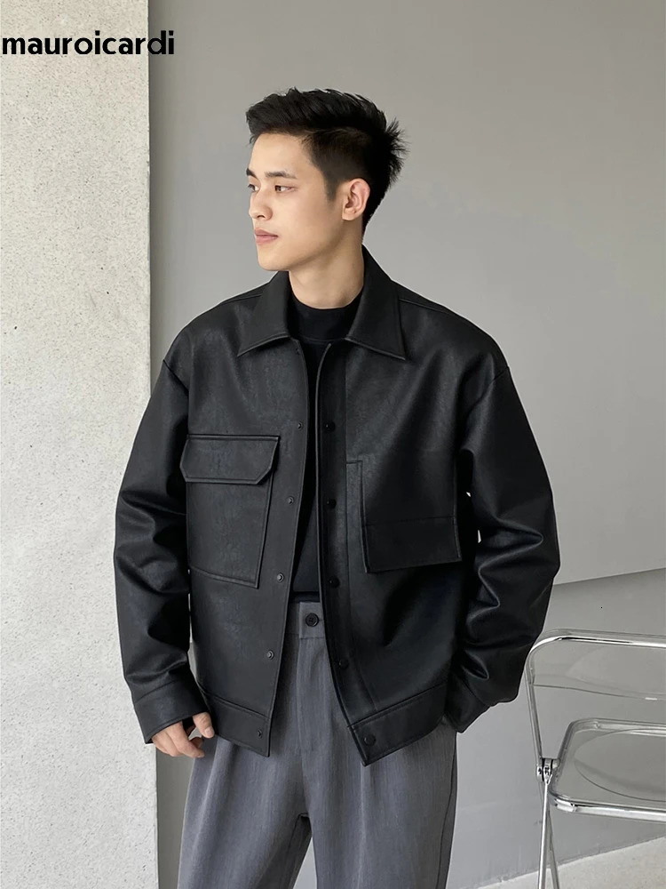 Mauroicardi Spring Autumn Cool Short Matte Black Pu Leather Jacket Mens Flip Collar Pocket Loose Casual Korean Clothing 240929