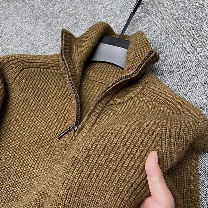 High end fashion half zipper knitted high neck sweater suitable for thick and casual solid color pullovers in autumn and winter styles 240930