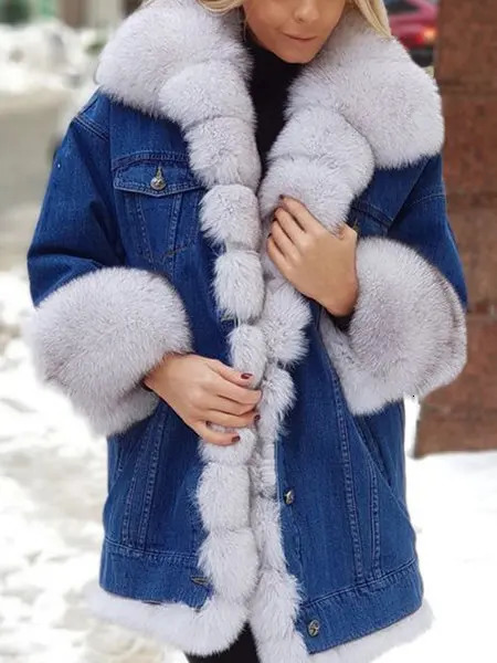 Warm Thick Denim Jacket Women Autumn Winter Full Sleeve Parka Fur Neckline Button Pocket Coat 240924