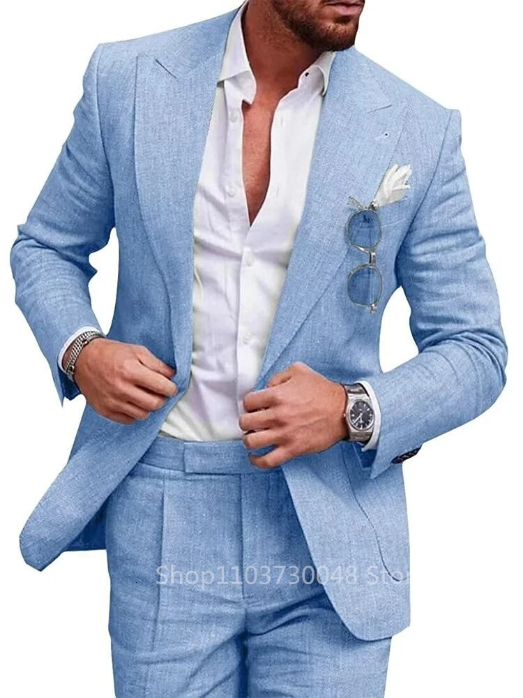 Robe de mariée en lin bleu / beige masculine coffre décontracté pantalon slim fit veste pantalon de haute qualité en 2 pièces pour hommes vêtemen