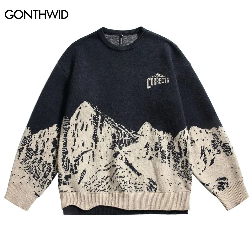 Retro Street Sweater 90s Hip Hop Knitted Mountain Roller Jumper Autumn Winter Harajuku Fashion Casual Loose Knitted 240930