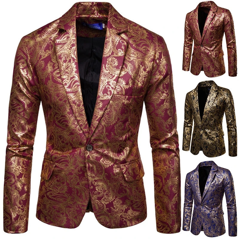 Casual Blazer Jacket Suit Party Suit Highend Fashion Mens Golden Floral Blazers Business Casual Suit 240930