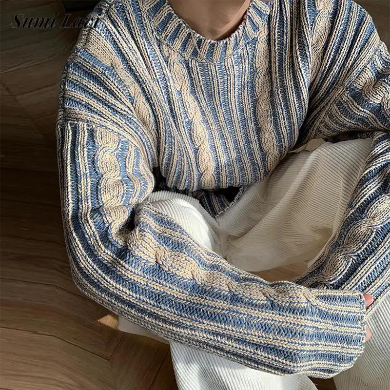 Fashion striped knitted sweater mens autumn streetwear Y2K loose O-neck long sleeved knitted T-shirt mens retro sweater top 240930