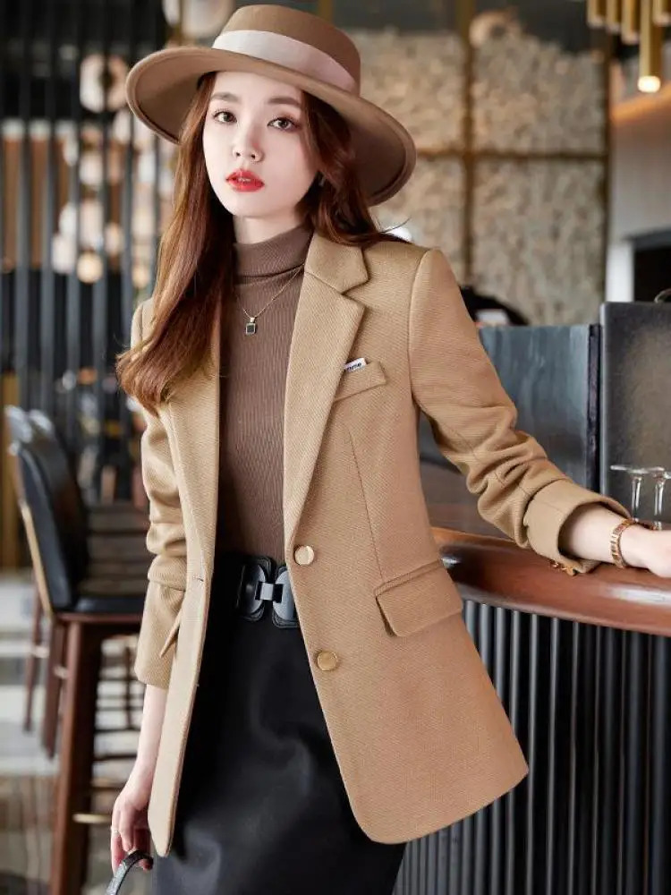 Woman Fashion Casual Vintage Solid Color Chic Elegant Classic Single Breasted Temperament Simple Woolen Blazer Tops Coat Korean 240927