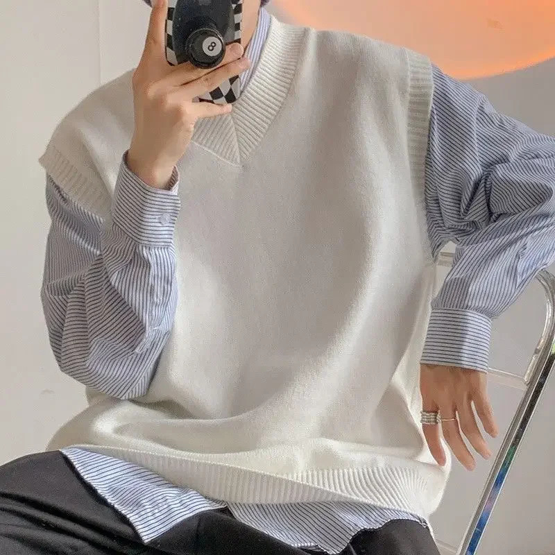 Plain sleeveless knitted sweater mens solid color mens clothing waist jacket V-neck vest white thick winter Korean autumn bag 240930