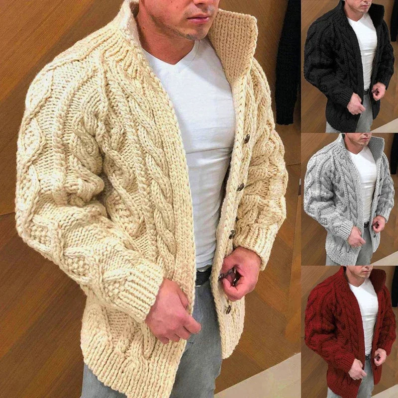 mens autumn and winter sweater long sleeved stand up collar twisted jacquard mens casual cardigan 240930