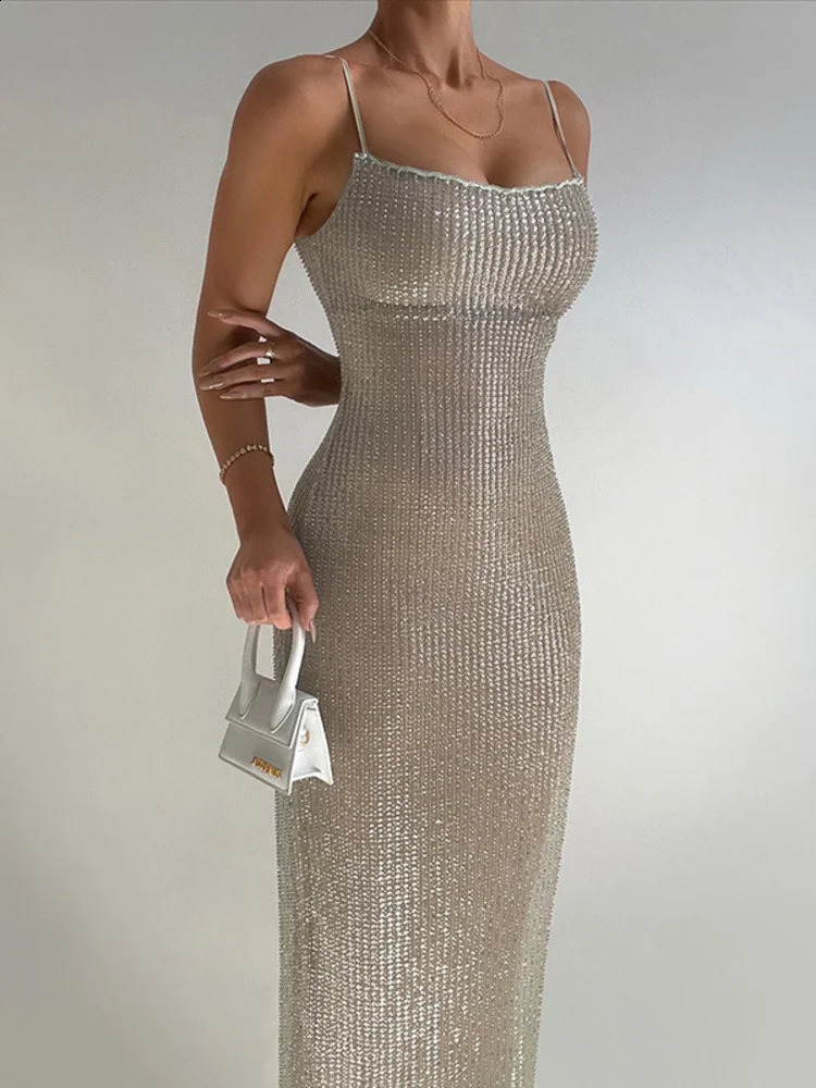 Mozision spaghetti strap sparkling Maxi dress womens sparkling elegant split style sleeveless long dress fashionable and sexy party club dress 24092