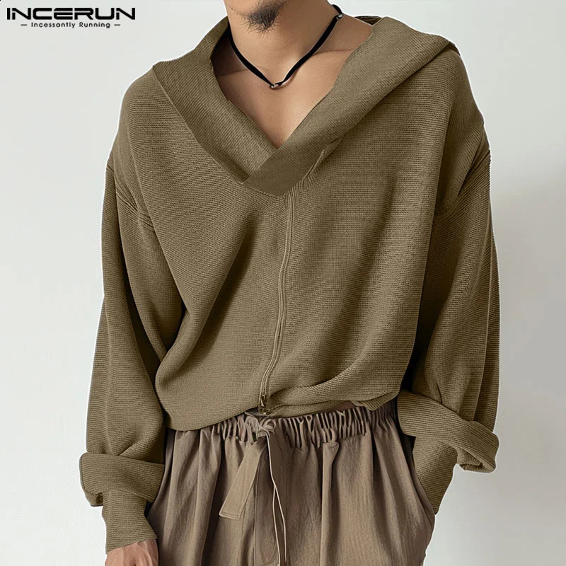 INCERUN Mens Pulleys Solid Color V-neck Long Sleeve Knitted Hooded Casual Sweater Street Clothing Autumn Fashion Mens Wear 240930
