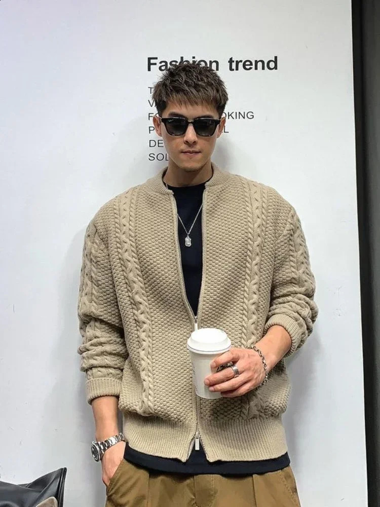Mens knitted sweater cardigan motorcycle mens coat zipper jacket zipper hooded sweatshirt Korean fashion 90s retro style S 240930
