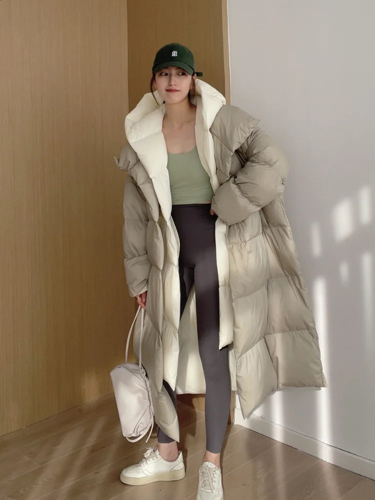 Womens Fashion Fake Two Piece Parkas Down Jacket Thick Hooded Long Coat Fluffy White Duck Down Jacket Winter 240930
