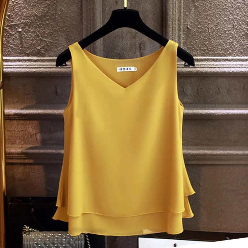 2024 Fashion Womens Blouse Tops Summer Souples sans mousseline de mousseline Solide Vneck Blouse décontractée plus taille 5xl Femme lâche Top 240