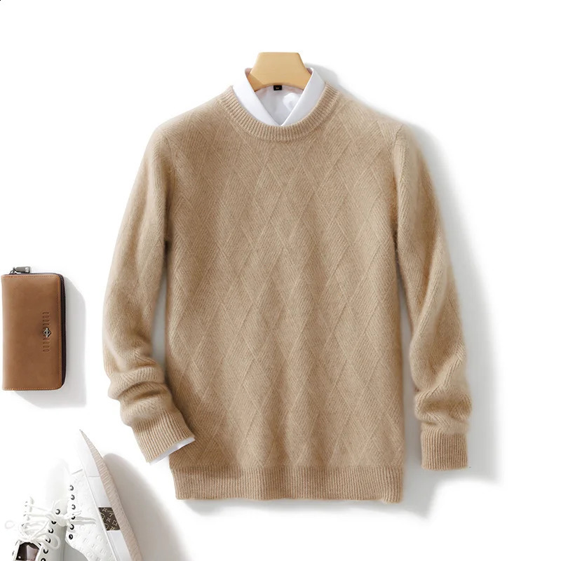Autumn and winter 100% Merino wool mens round neck thick jacquard lapel sweater casual business knitted bottom coat 240930