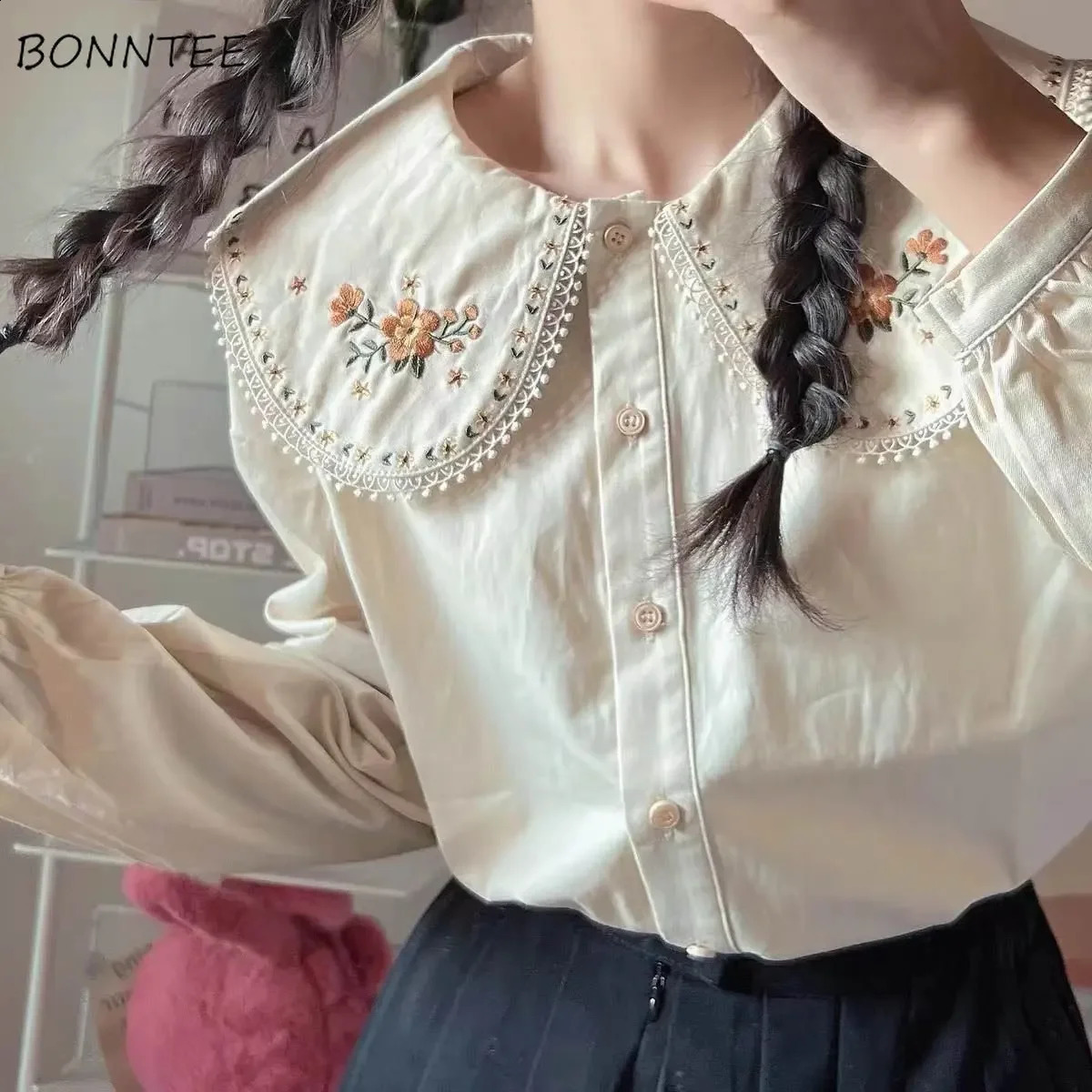 Peter Pan Collar Shirts Women Cute Korean Style Vintage Students Pure Girls Harajuku Female Fashion Chic Tops Arrival Autumn 240930