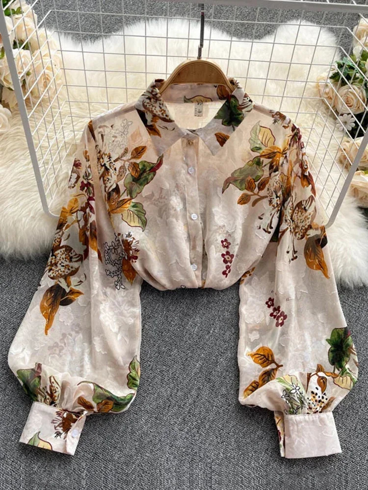 Spring Autumn Temperament Fashion Retro Chiffon Floral Blouses Print Loose Lapel Puff Sleeve Top Button Up Shirt Female GD611 240930 4f