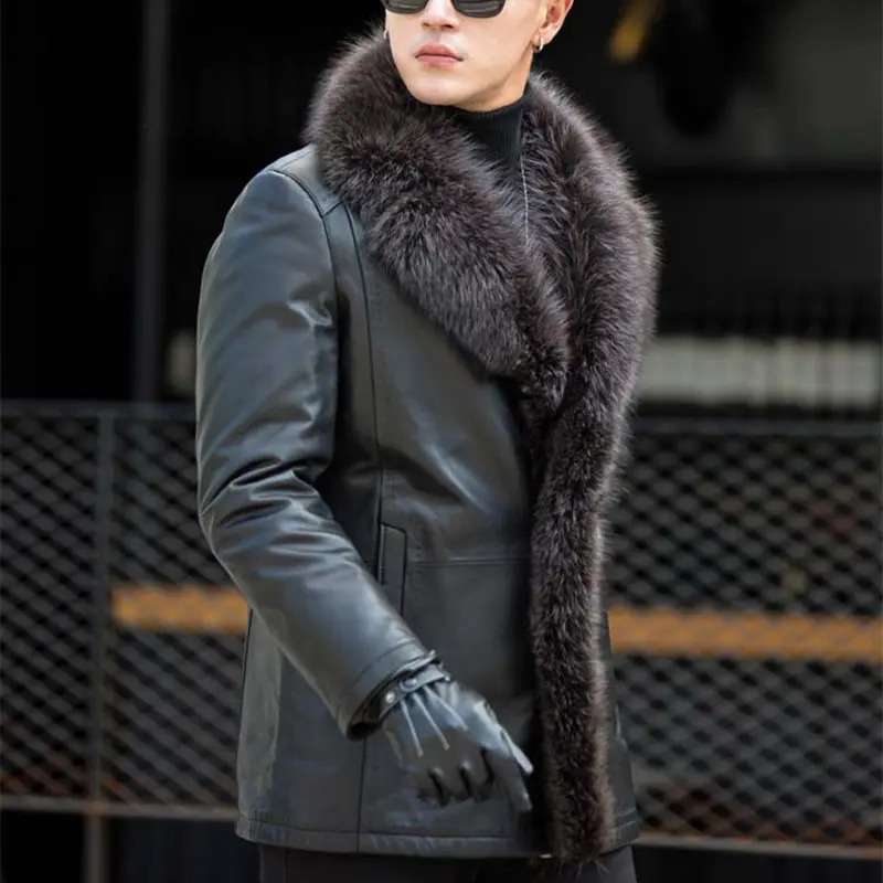 Mens Raccoon Fur Collar Long Fur Leather Mens Jacket Large Fur Warm Plus Size 4XL 5XL Winter Genuine Sheepskin Coat MZ3267 240929