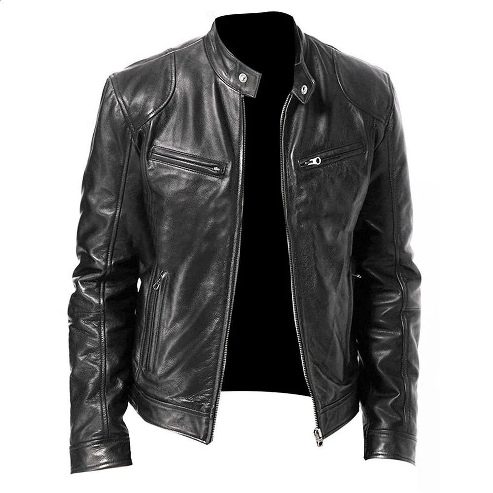 PU jacket mens fashion leather jacket ultra-thin fit bracket collar mens windproof motorcycle lapel diagonal zipper mens jacket 240929