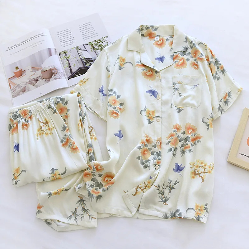 Pyjama féminin d'été ensemble Gongsatin Coton Femmes Pyjama Silk Adhesive Pyjama Pantalons à manches courtes