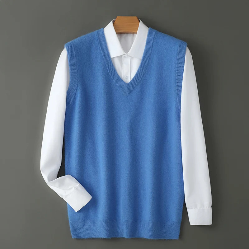 Mens sweater mink cashmere sweater Pullover Vneck sleeveless vest autumn winter vest solid color warm shoulder knitted sweater 240930