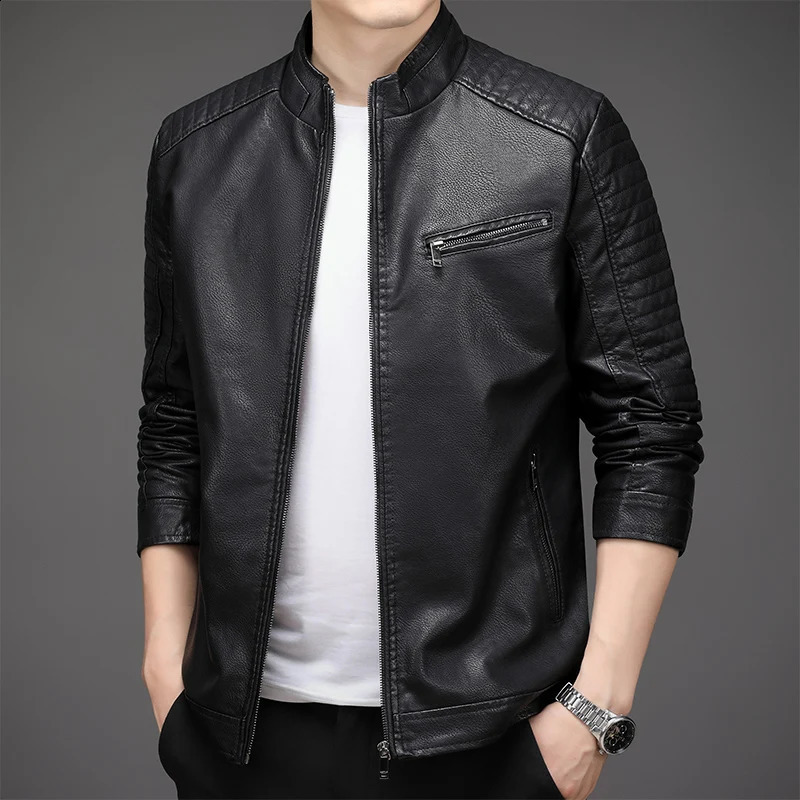 Mens leather jacket fashionable motorcycle slim fit PU leather stand collar jacket mens thin wool autumn and winter leather jacket 240929