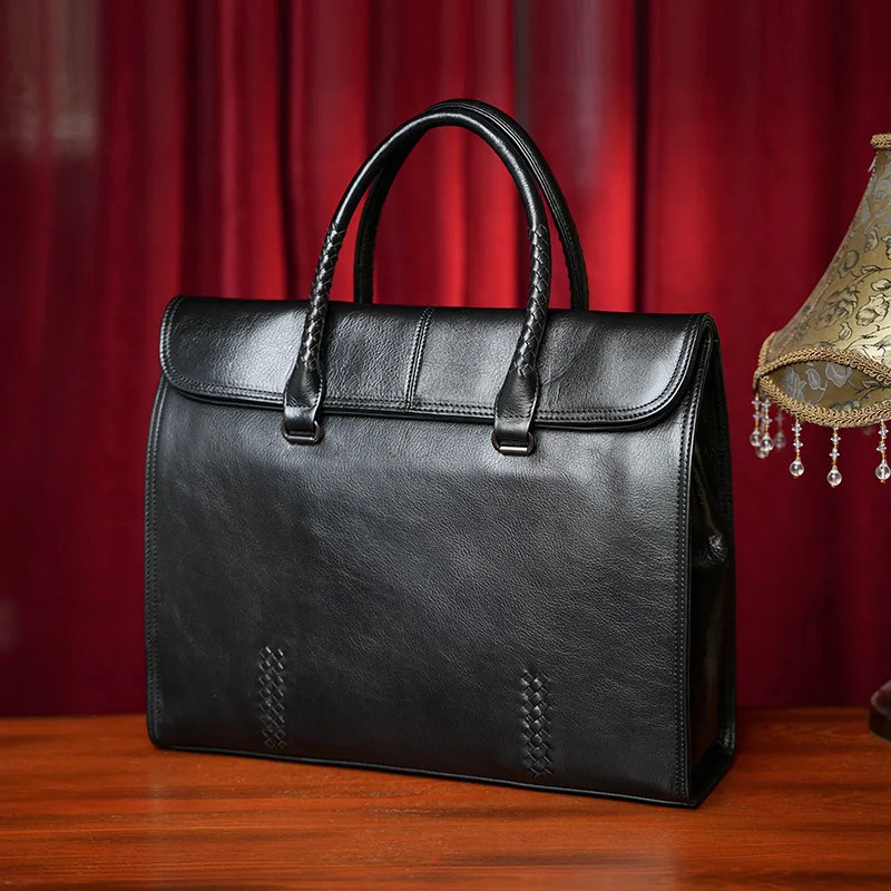 Genuine Leather High-End Business Briefcase Niche Design Laptop Bag Large Capacity First Layer Cowhide Bag Woven Handbag Men