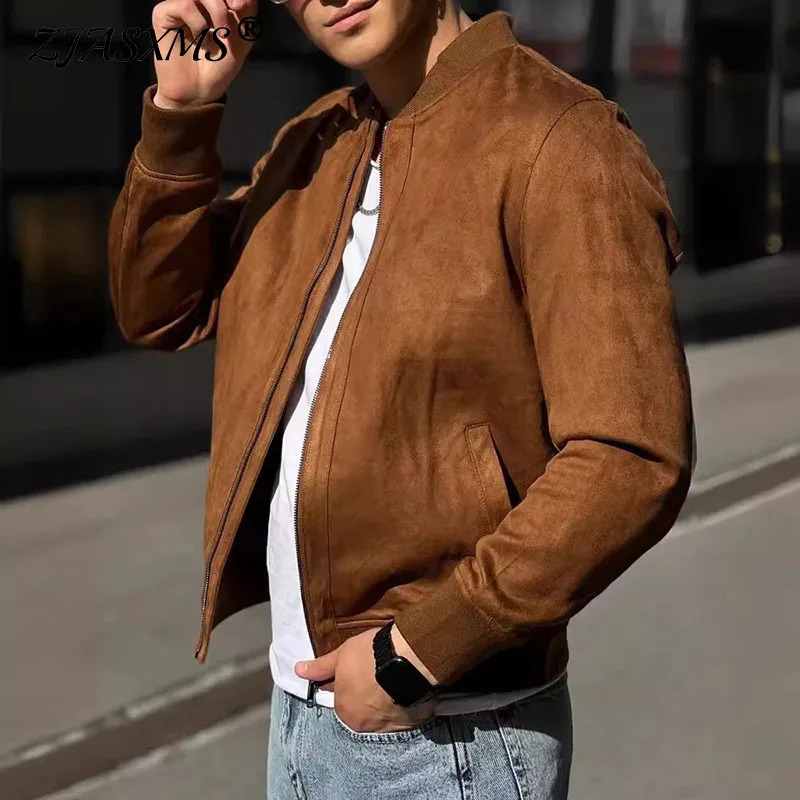 2024 Autumn Retro Suede Solid Color Mens Jket Casual Zipper Pocket Top Male t Long Slve Strtwear Mens L26924