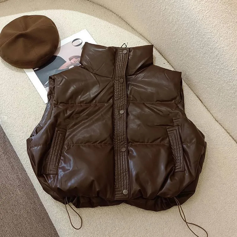 Down insulation vest PU leather short sleeved womens vest trend middle-aged and elderly womens clothing office street style jacket 240929