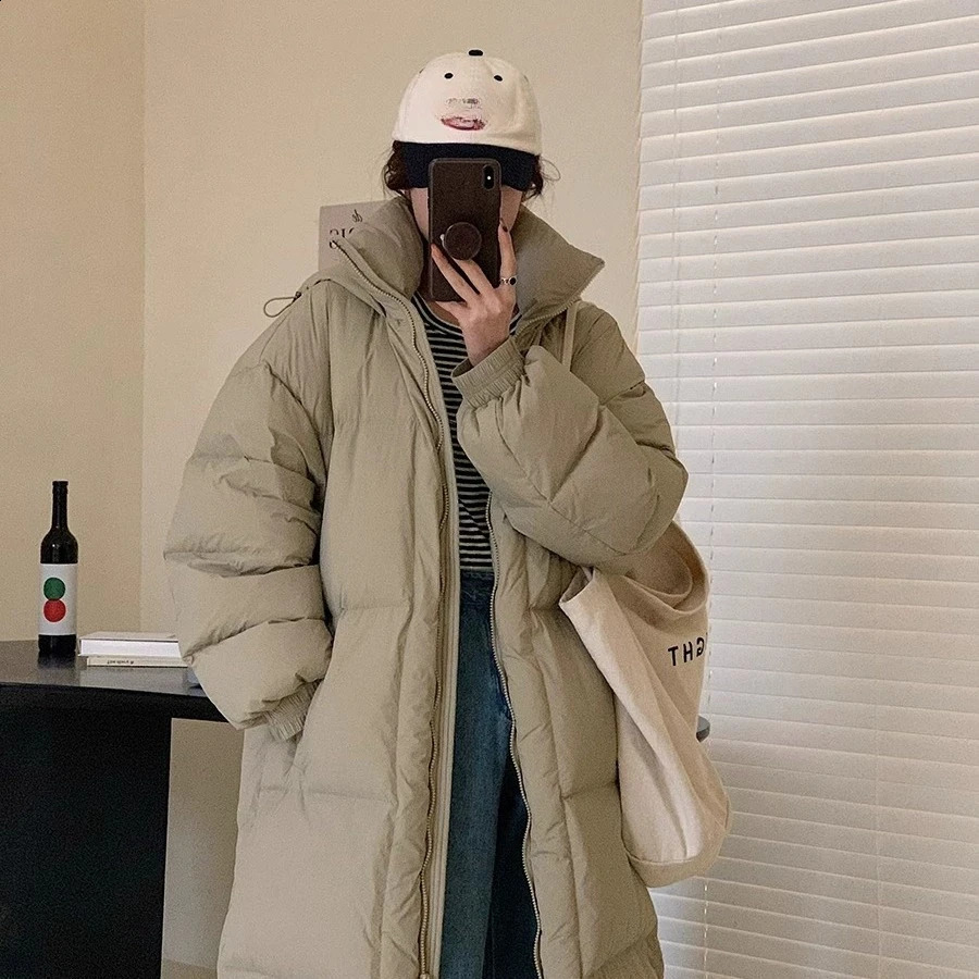 Hooded womens down jacket long knee length white duck loose winter jacket thick and warm casual jacket 240930