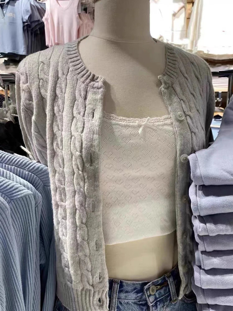 Vintage knitted twill cardigan autumn cotton round neck casual loose button sweater womens Harajuku pure cotton sweater 240930