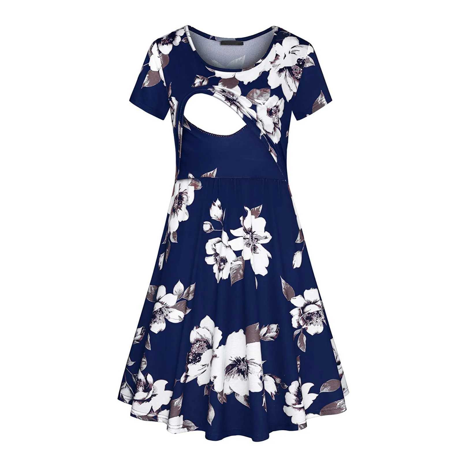 New Maternity Dresses Pregnant Women Nursing Dress Breastfeeding Floral Print Short Sleeve Maxi Dress Lactation ClothesXJ241005