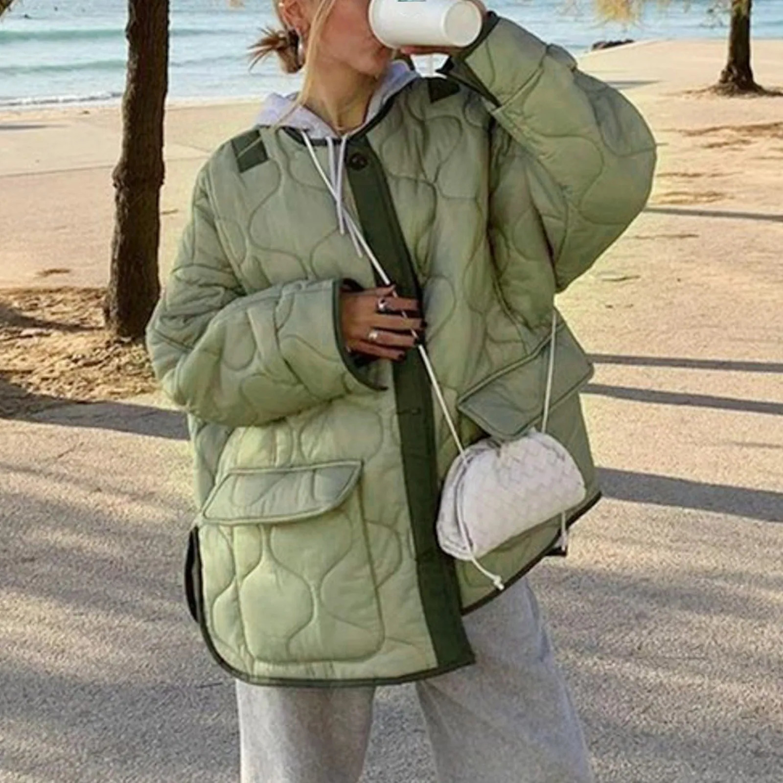 Autumn and winter womens loose jacket thin Parka oversized jacket round neck jacket womens jacket long sleeved cotton clothing 240930