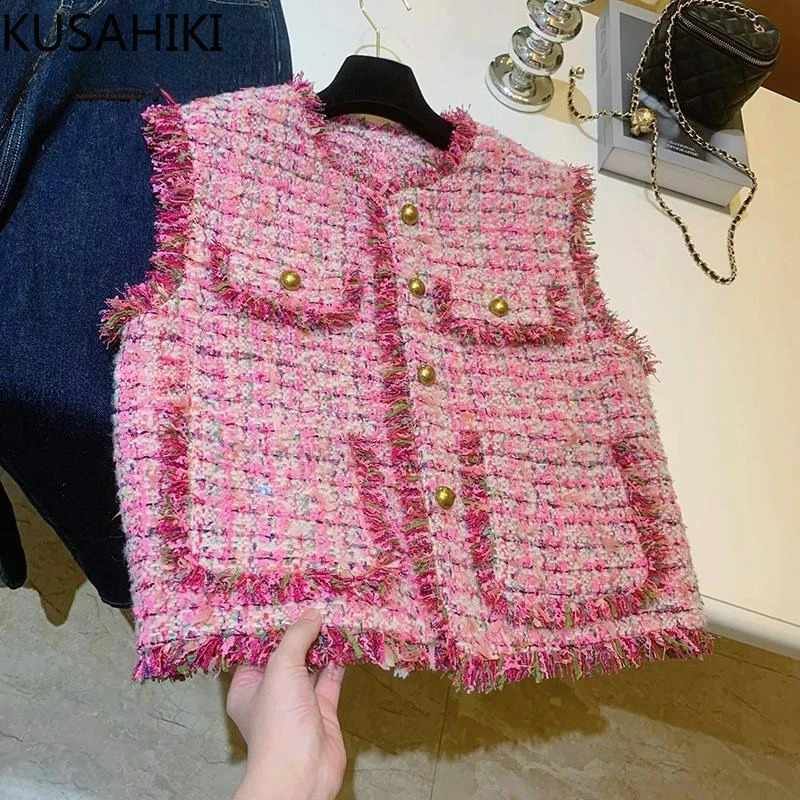 KUSAHIKI Fashion and Elegant Korean Womens Tank Top Autumn Single Chest O-Neck Sleeveless Fashion Cardigan Coat Tank Top 240929